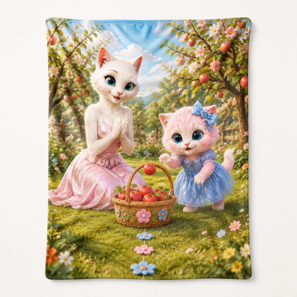 Apple Basket Toss fleece blanket front view with Mom Cat and Pink Kitten — The Fluffy Fam