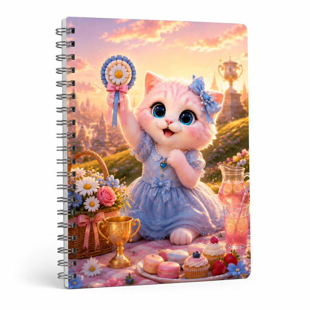 Golden Flower Medal Picnic notebook cover front view with Pink Kitten — The Fluffy Fam