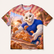 Croissant Canopy Catch all-over print T-shirt front view with Dad Cat — The Fluffy Fam