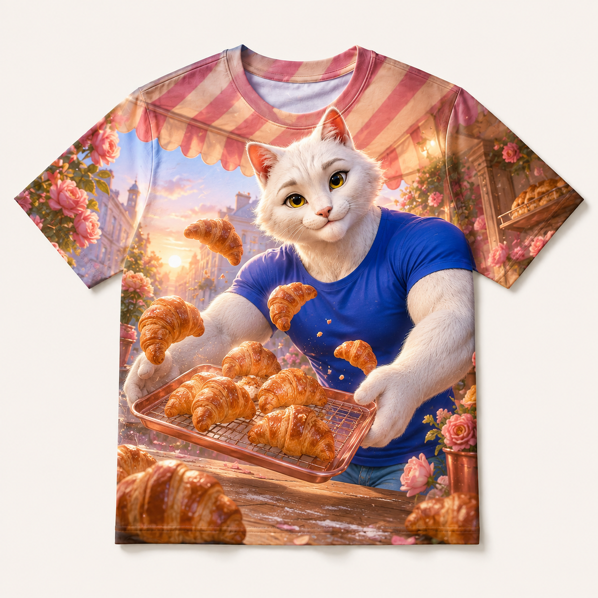Croissant Canopy Catch all-over print T-shirt front view with Dad Cat — The Fluffy Fam