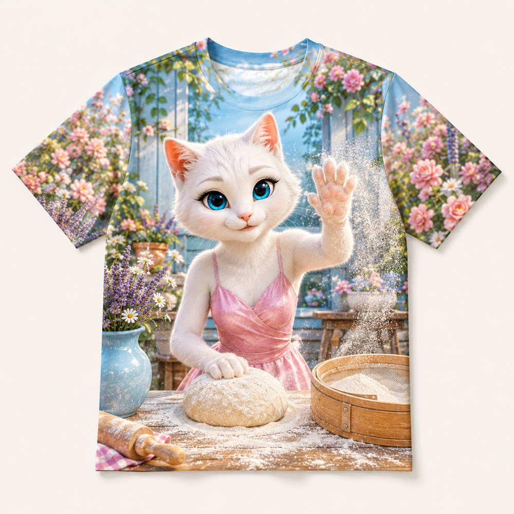 Flour Cloud High-Five all-over print T-shirt front view with Mom Cat — The Fluffy Fam