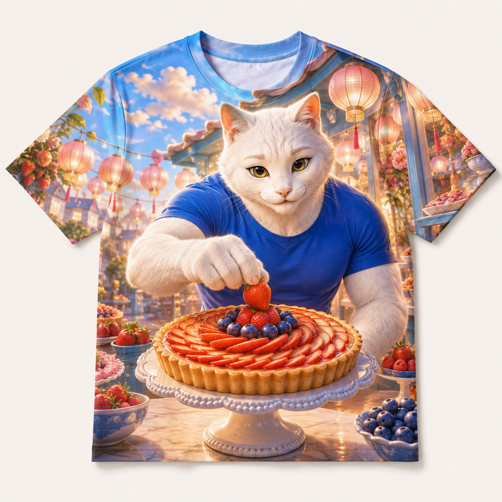 Berry Tart Crown all-over print T-shirt front view with Dad Cat — The Fluffy Fam