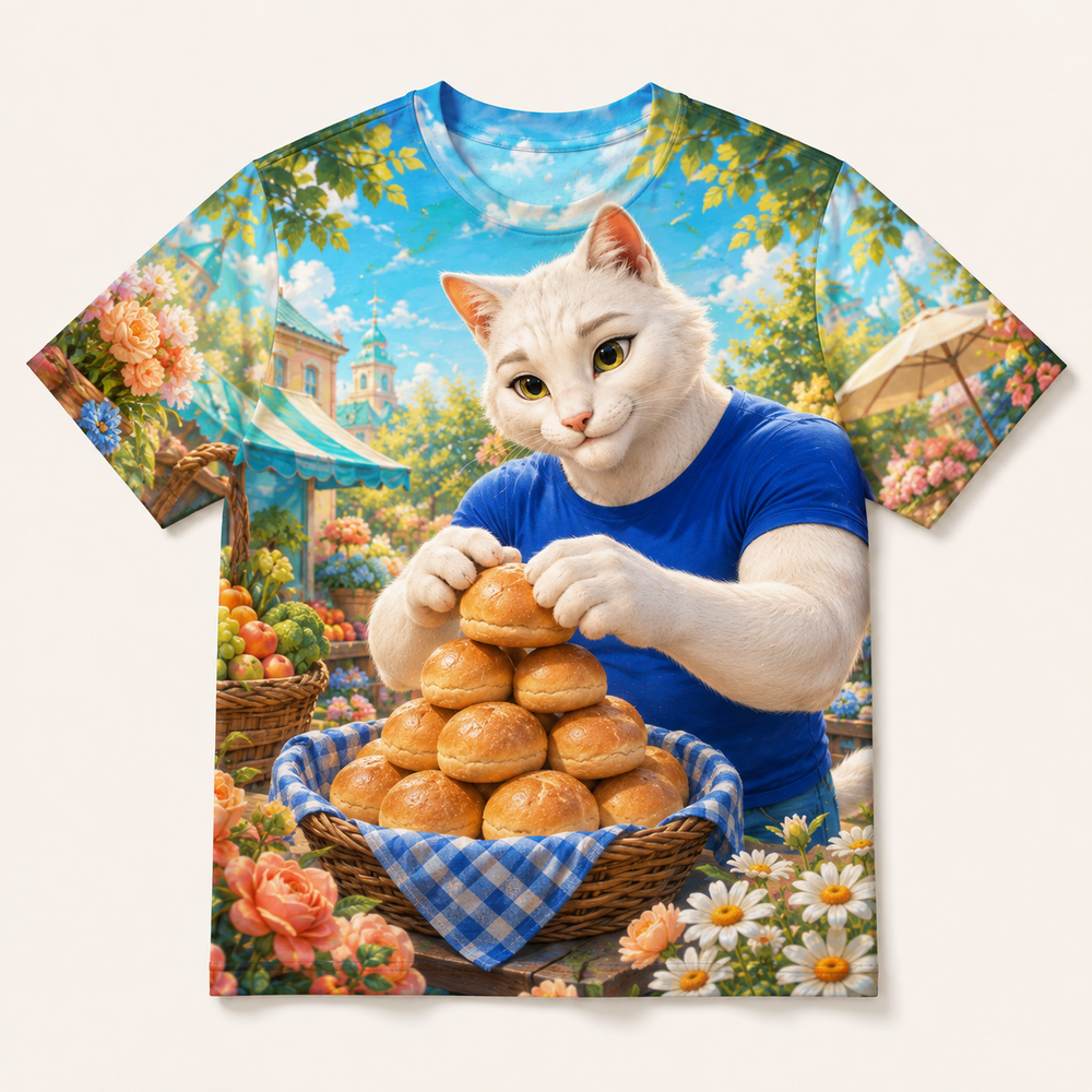 Basket Bun Parade all-over print T-shirt front view with Dad Cat — The Fluffy Fam
