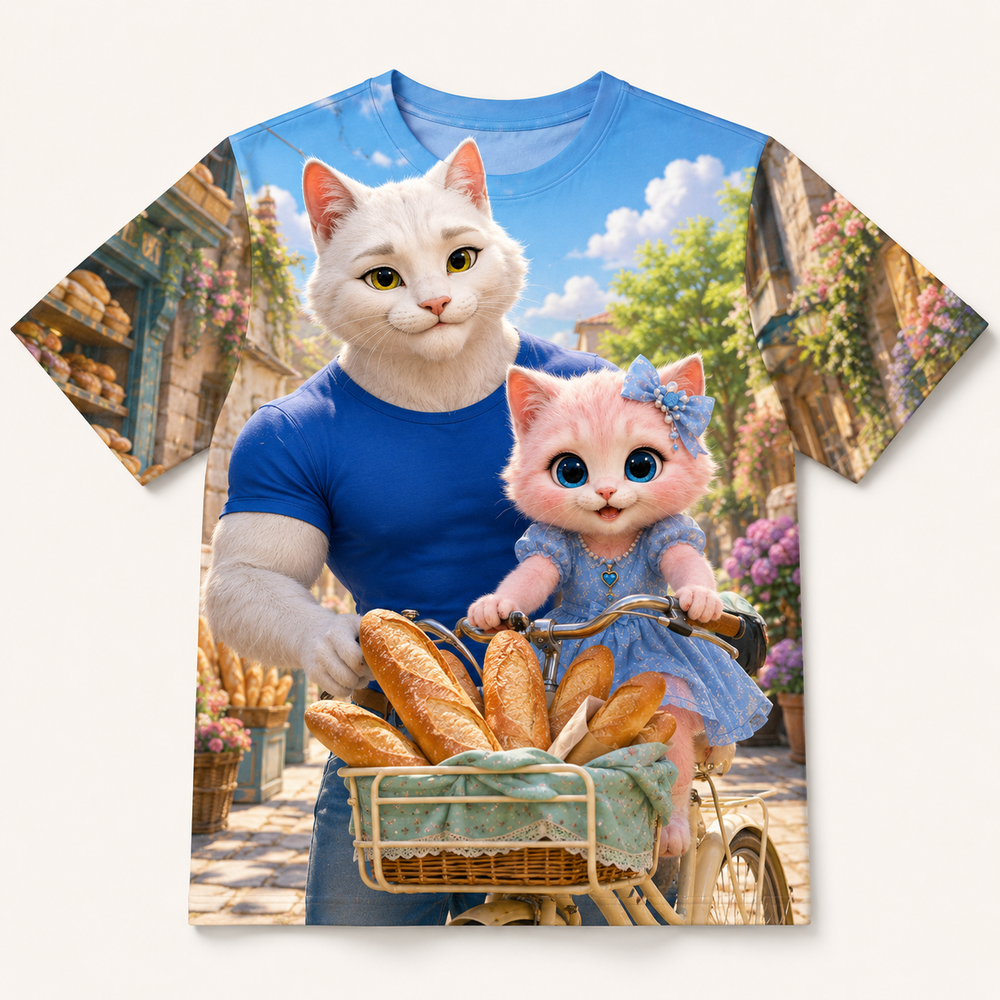 Baguette Bicycle Balance all-over print T-shirt front view with Dad Cat and Pink Kitten — The Fluffy Fam