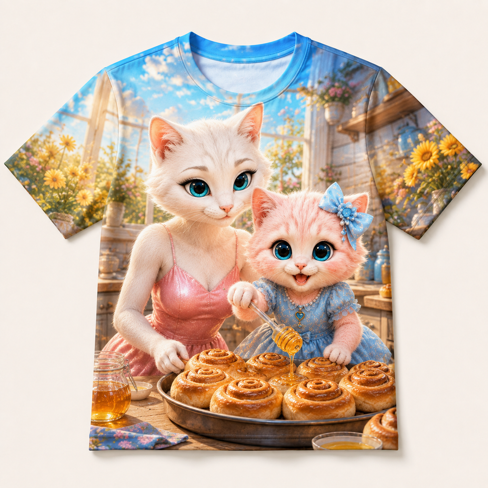 Honey Glaze Twirl all-over print T-shirt front view with Mom Cat and Pink Kitten — The Fluffy Fam
