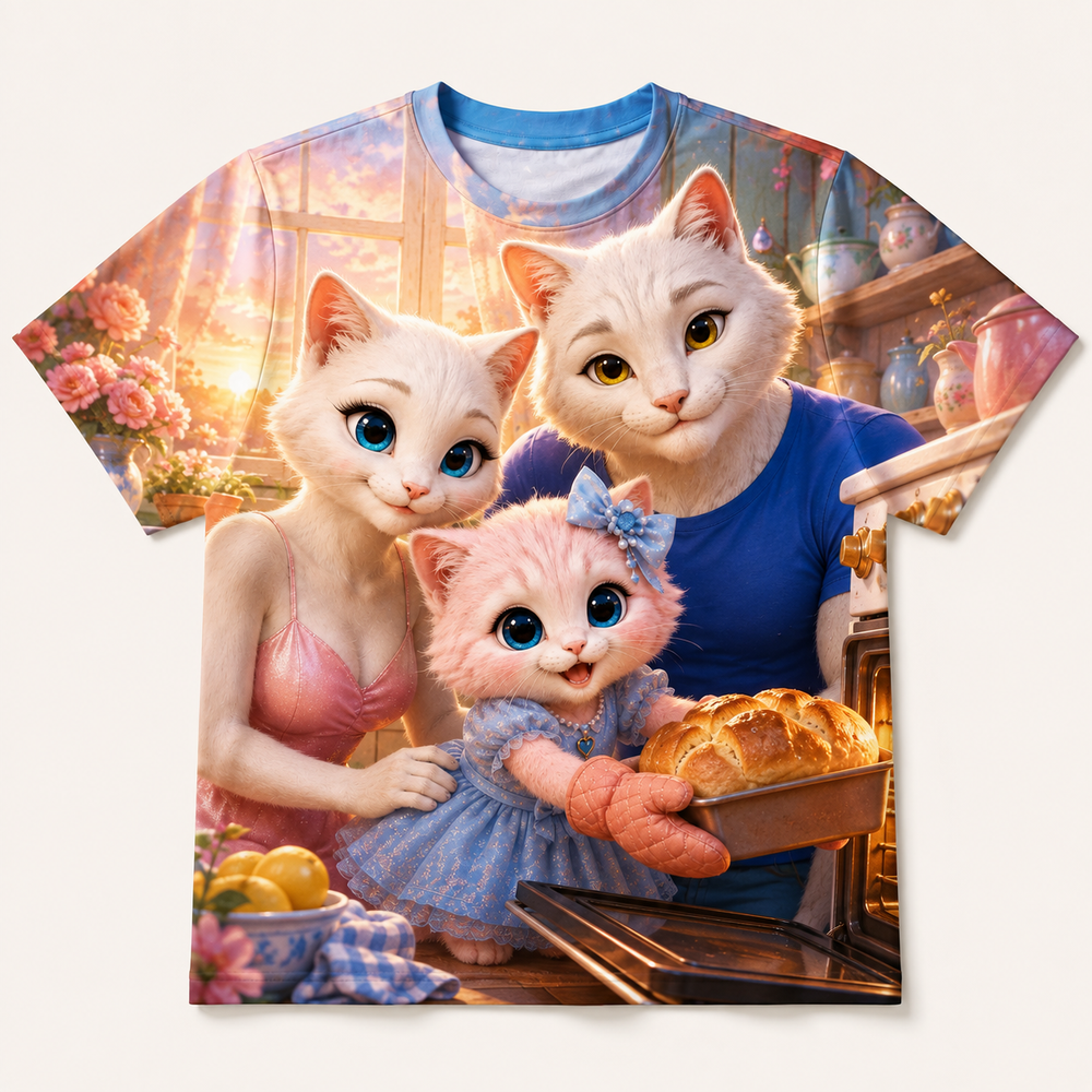Oven Mitt Rescue all-over print T-shirt front view with the whole cat family — The Fluffy Fam