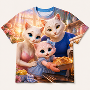Oven Mitt Rescue all-over print T-shirt front view with the whole cat family — The Fluffy Fam