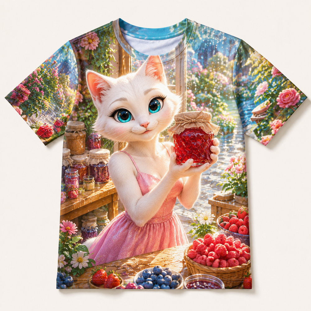 Jam Jar Sunbeam all-over print T-shirt front view with Mom Cat — The Fluffy Fam