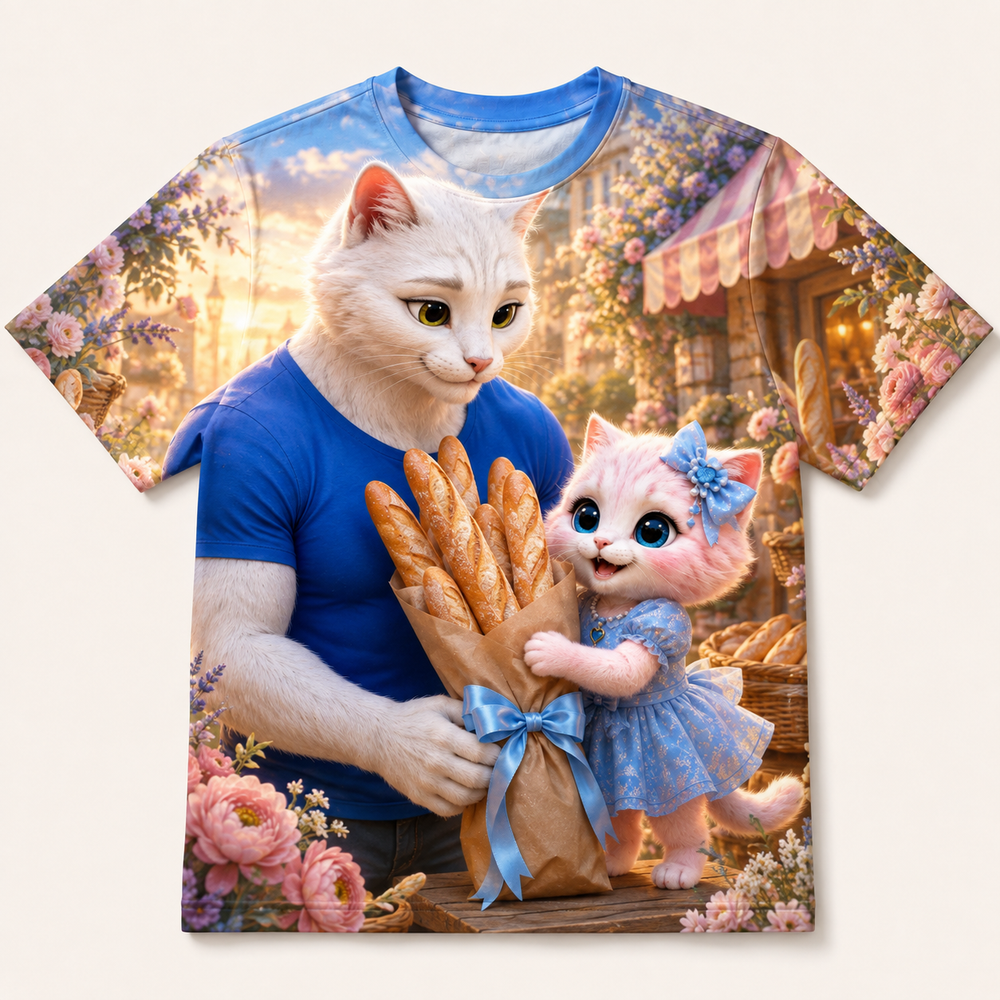 Bread Bouquet Bow all-over print T-shirt front view with Dad Cat and Pink Kitten — The Fluffy Fam