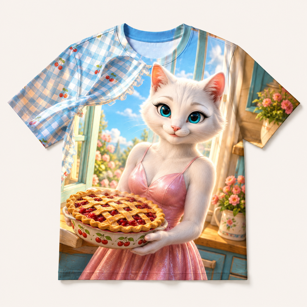 Pie Window Breeze all-over print T-shirt front view with Mom Cat — The Fluffy Fam