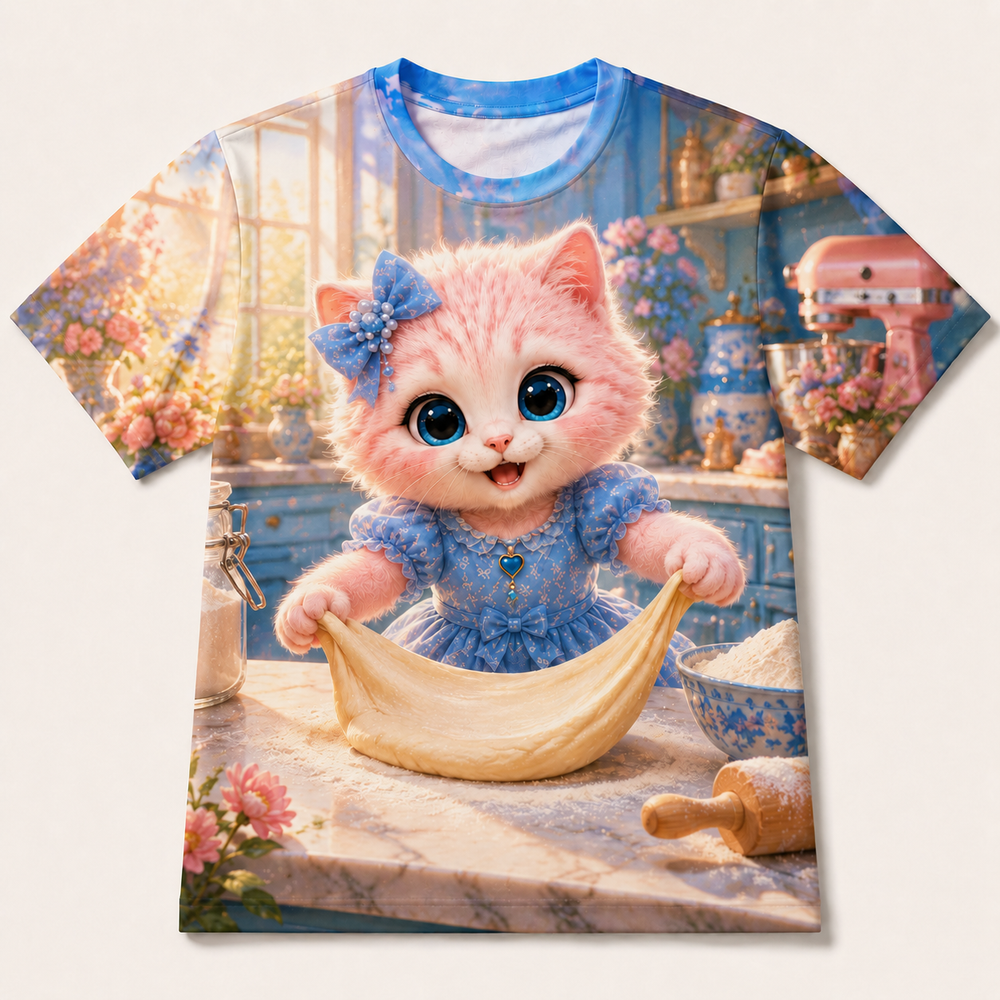 Dough Moon Stretch all-over print T-shirt front view with Pink Kitten — The Fluffy Fam