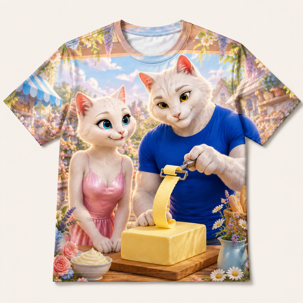 Butter Curl Surprise all-over print T-shirt front view with Dad Cat and Mom Cat — The Fluffy Fam