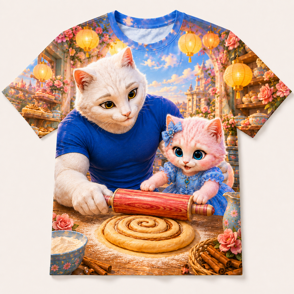 Cinnamon Spiral Spin all-over print T-shirt front view with Dad Cat and Pink Kitten — The Fluffy Fam