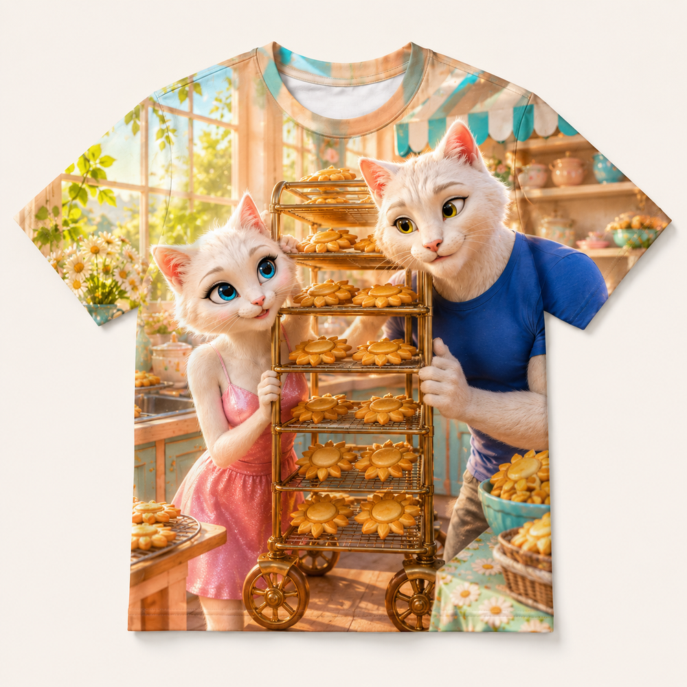 Cookie Rack Peekaboo all-over print T-shirt front view with Dad Cat and Mom Cat — The Fluffy Fam