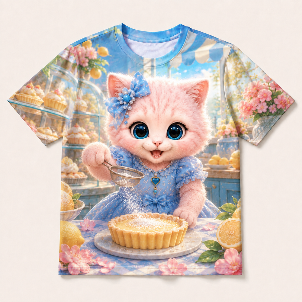 Lemon Tart Gleam all-over print T-shirt front view with Pink Kitten — The Fluffy Fam