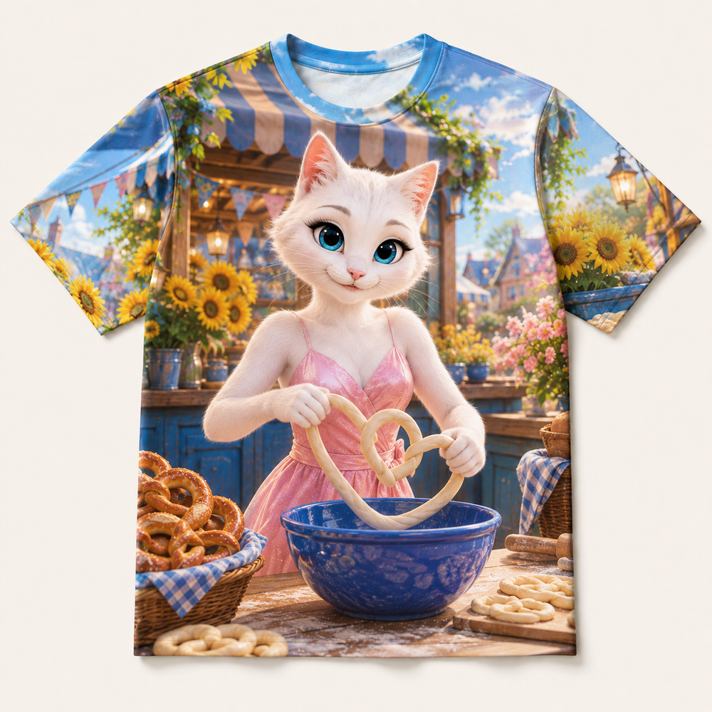 Pretzel Knot Triumph all-over print T-shirt front view with Mom Cat — The Fluffy Fam
