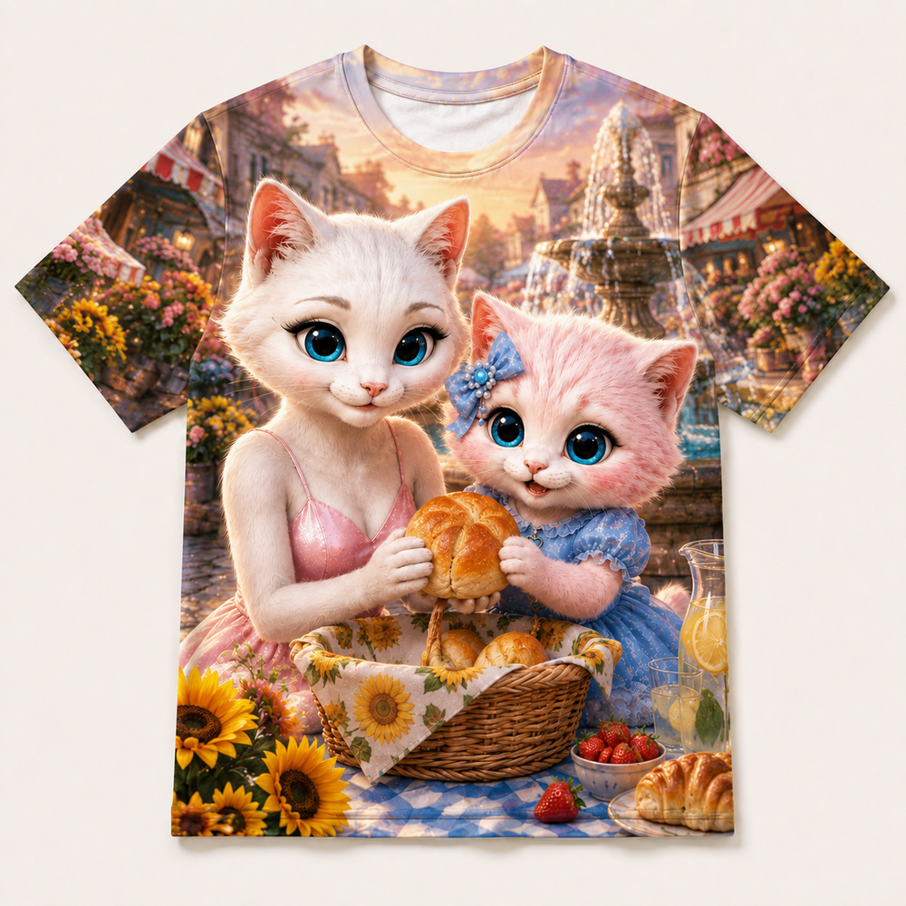 Fountain Crumb Picnic all-over print T-shirt front view with Mom Cat and Pink Kitten — The Fluffy Fam