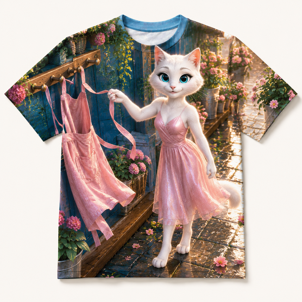 Apron Ribbon Flutter all-over print T-shirt front view with Mom Cat — The Fluffy Fam
