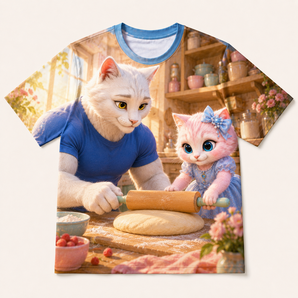 Rolling Pin Rhythm all-over print T-shirt front view with Dad Cat and Pink Kitten — The Fluffy Fam
