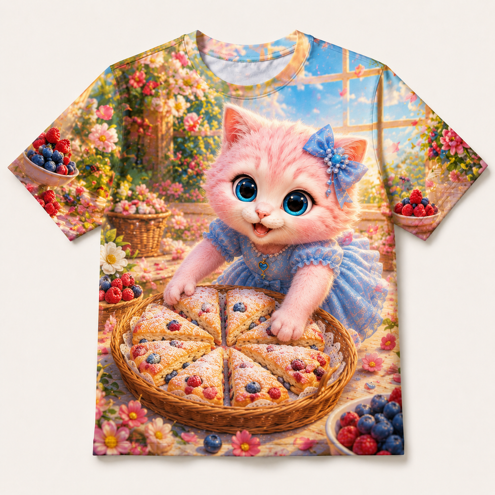 Scone Basket Bloom all-over print T-shirt front view with Pink Kitten — The Fluffy Fam