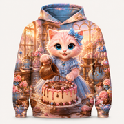 Chocolate Ribbon Loop all-over print hoodie front view with Pink Kitten — The Fluffy Fam
