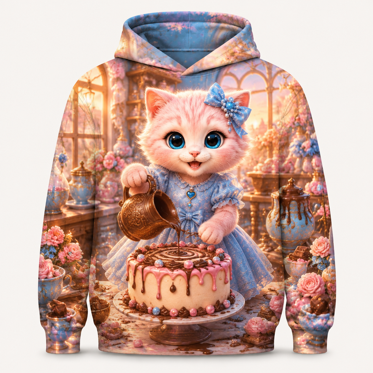 Chocolate Ribbon Loop all-over print hoodie front view with Pink Kitten — The Fluffy Fam