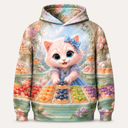 Fruit Bun Jewel Box all-over print hoodie front view with Pink Kitten — The Fluffy Fam