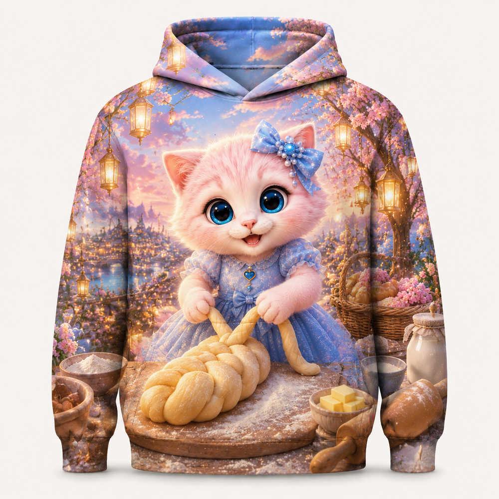 Brioche Braid Teamwork all-over print hoodie front view with Pink Kitten — The Fluffy Fam
