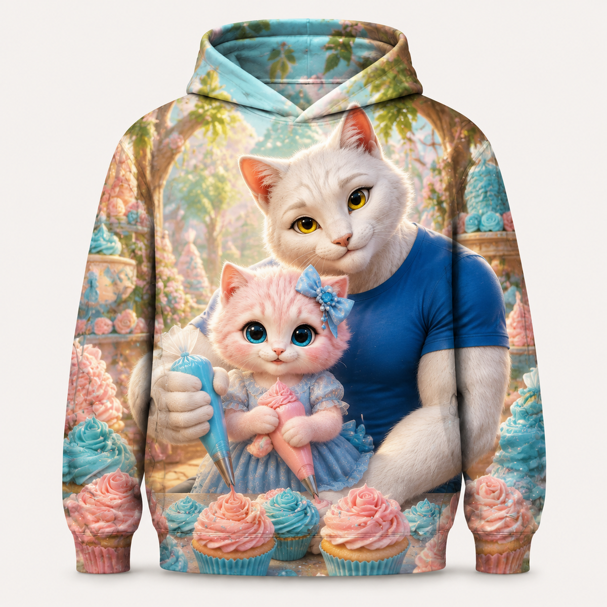 Cupcake Rosette Race all-over print hoodie front view with Dad Cat and Pink Kitten — The Fluffy Fam