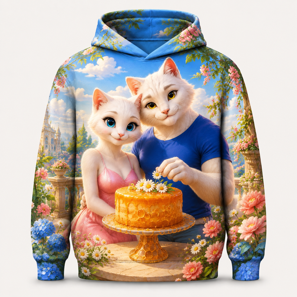 Honey Cake Garden all-over print hoodie front view with Dad Cat and Mom Cat — The Fluffy Fam