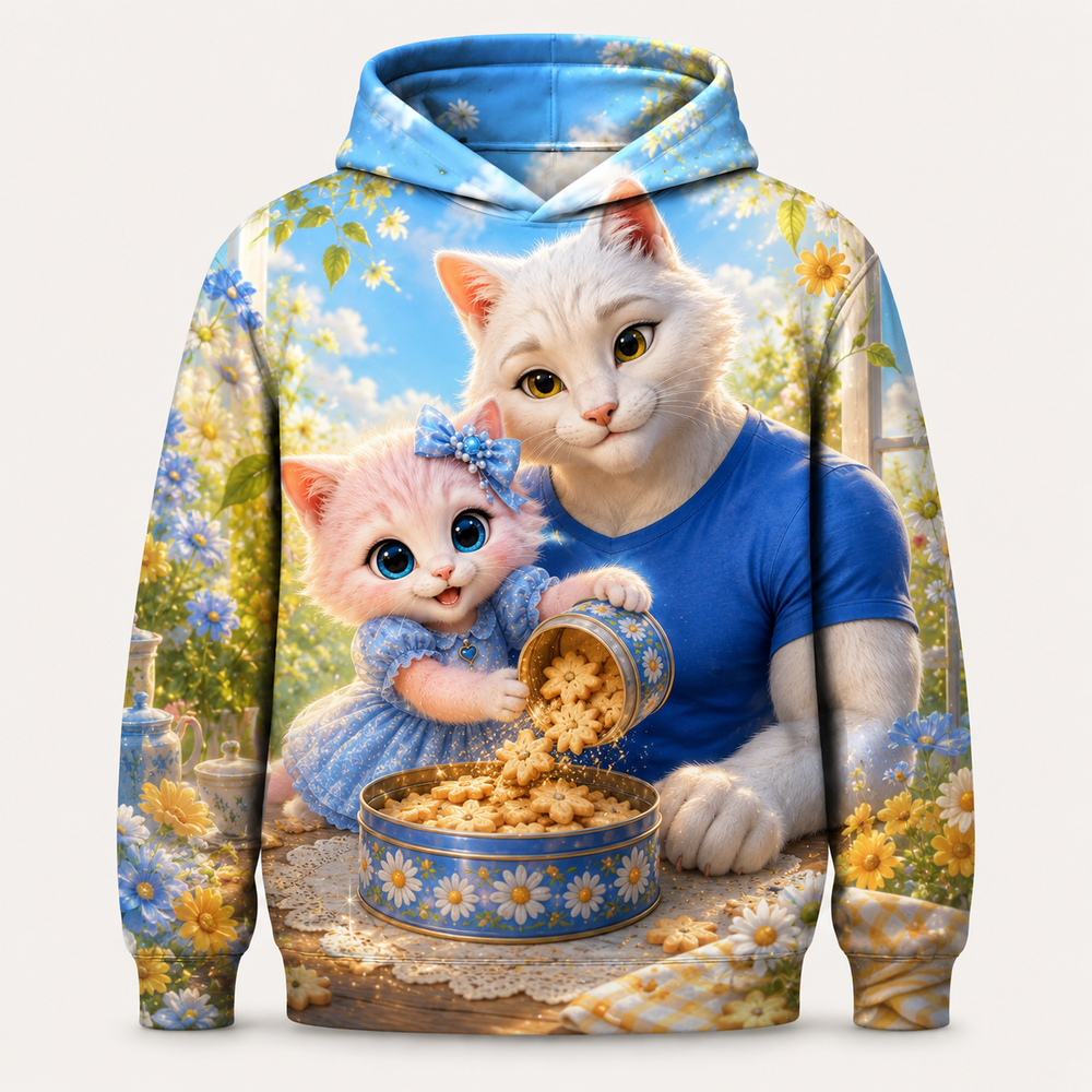 Shortbread Star Shower all-over print hoodie front view with Dad Cat and Pink Kitten — The Fluffy Fam