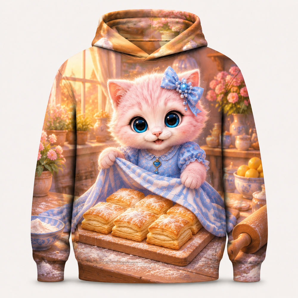 Pastry Pillow Puff all-over print hoodie front view with Pink Kitten — The Fluffy Fam