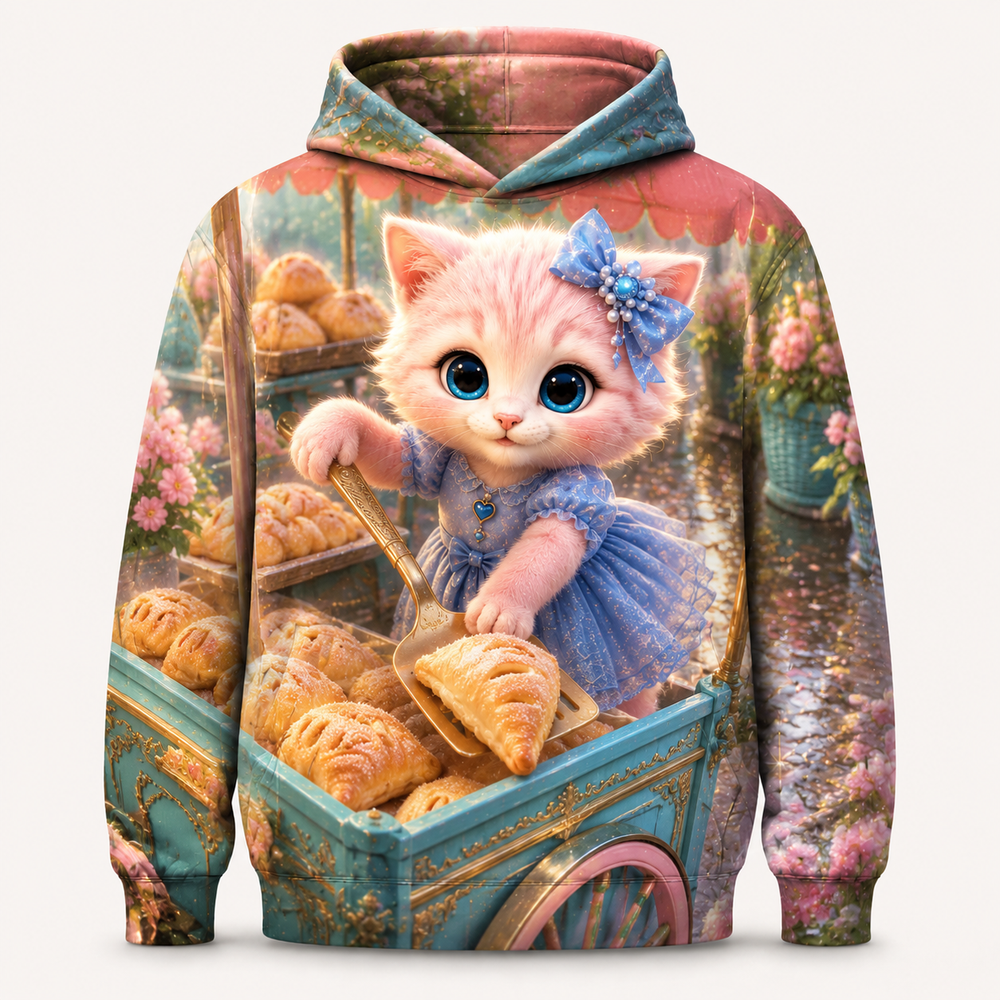 Turnover Cart Catch all-over print hoodie front view with Pink Kitten — The Fluffy Fam