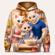 Milk Whisk Morning all-over print hoodie front view with the whole cat family — The Fluffy Fam