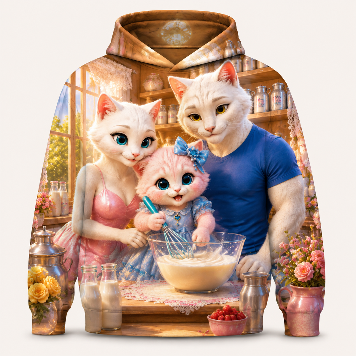 Milk Whisk Morning all-over print hoodie front view with the whole cat family — The Fluffy Fam