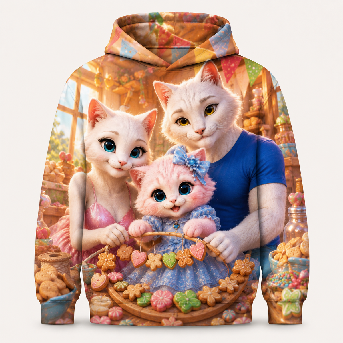 Ginger Ring Garland all-over print hoodie front view with the whole cat family — The Fluffy Fam