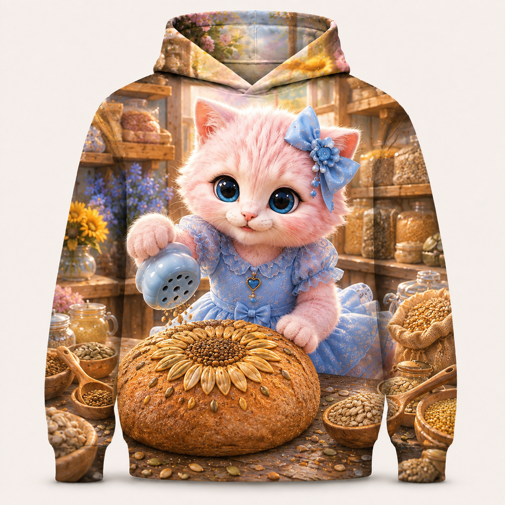 Seeded Loaf Mosaic all-over print hoodie front view with Pink Kitten — The Fluffy Fam