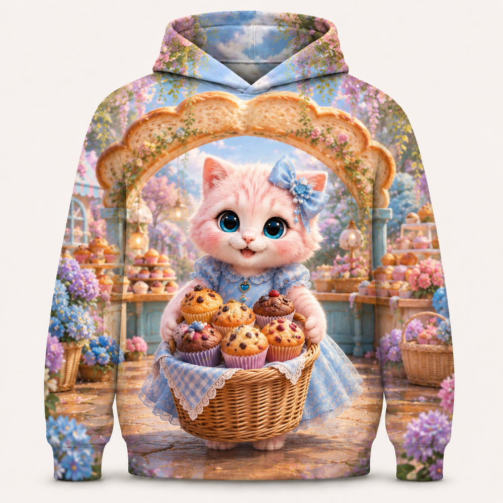 Muffin Basket Arch all-over print hoodie front view with Pink Kitten — The Fluffy Fam