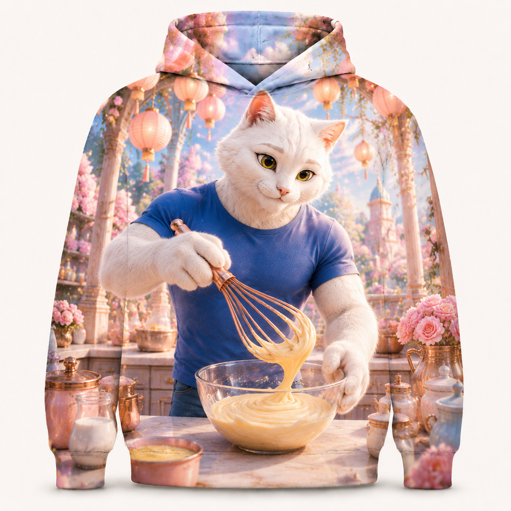 Custard Whisk Whirl all-over print hoodie front view with Dad Cat — The Fluffy Fam