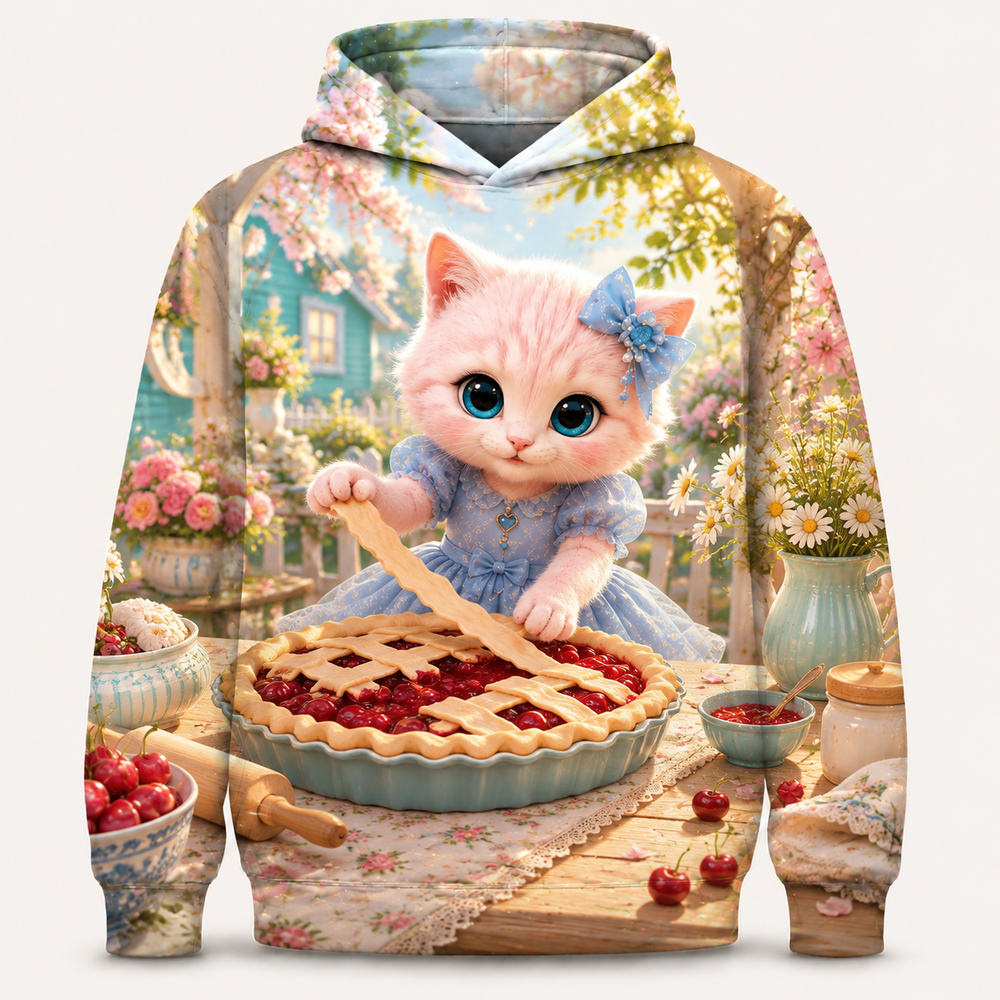 Cherry Lattice Lift all-over print hoodie front view with Pink Kitten — The Fluffy Fam