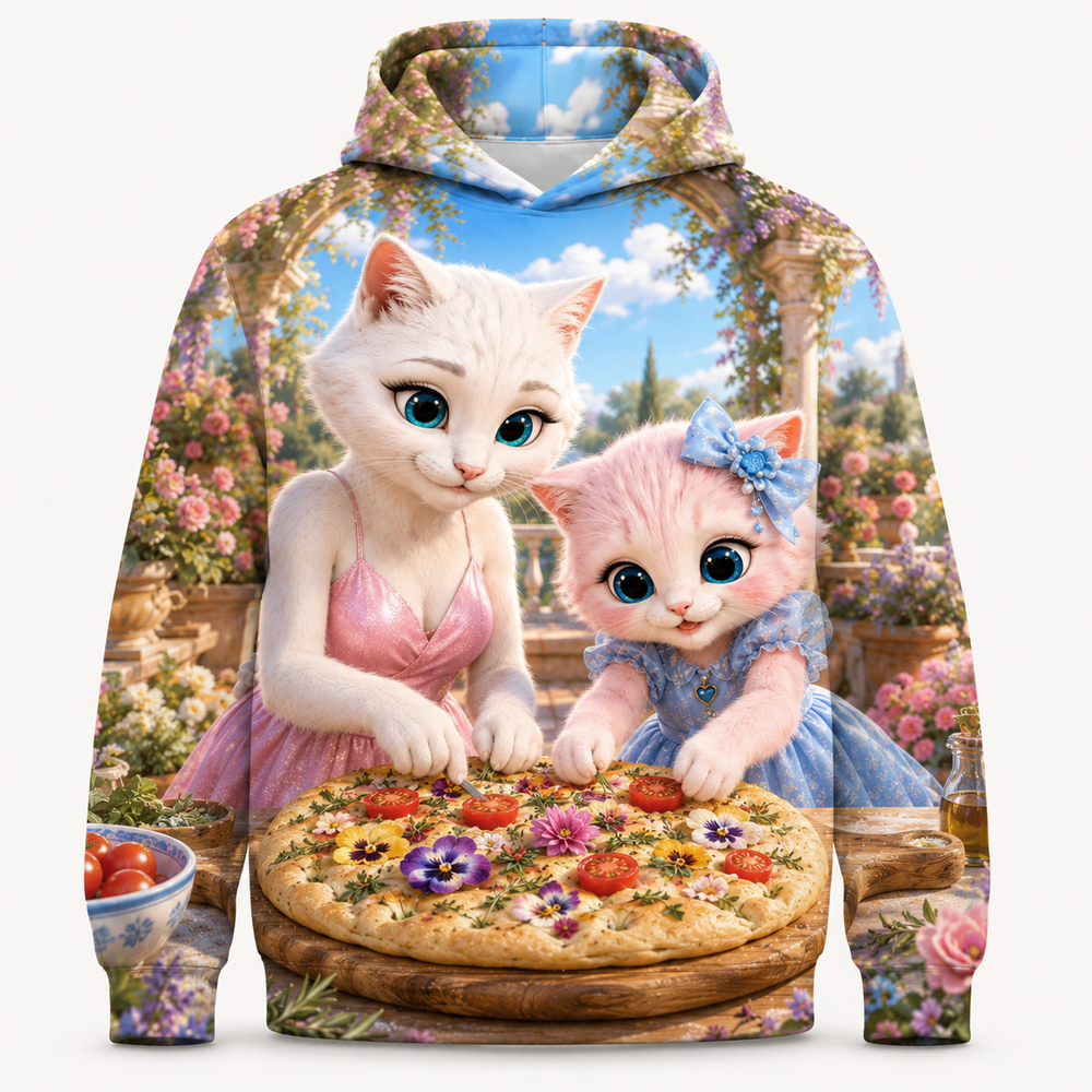 Focaccia Garden Press all-over print hoodie front view with Mom Cat and Pink Kitten — The Fluffy Fam