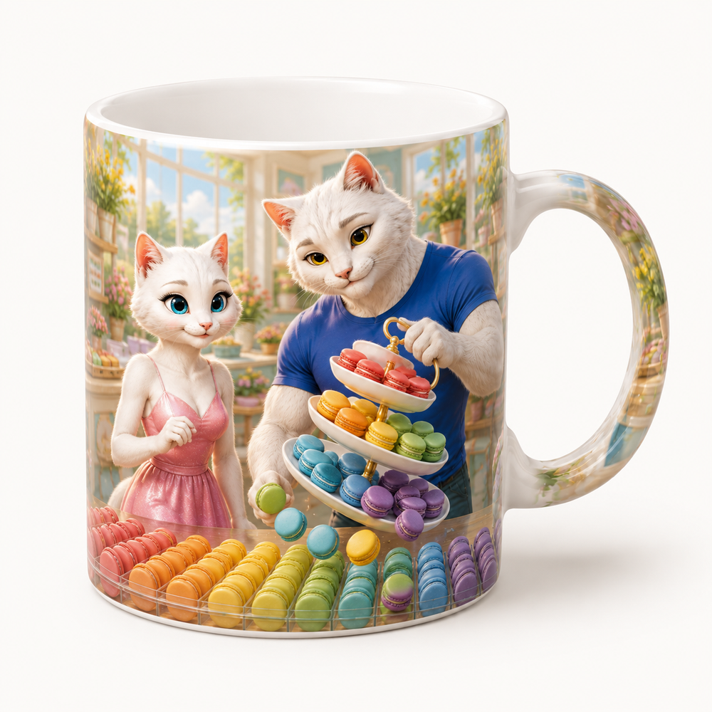 Macaron Color Cascade ceramic mug front view with Dad Cat and Mom Cat — The Fluffy Fam