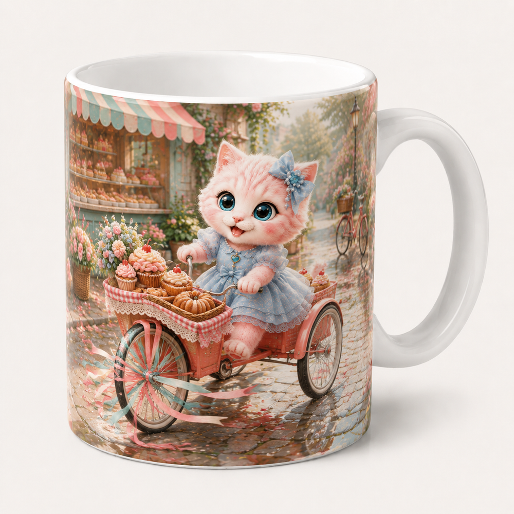 Bakery Bike Ribbon Run ceramic mug front view with Pink Kitten — The Fluffy Fam