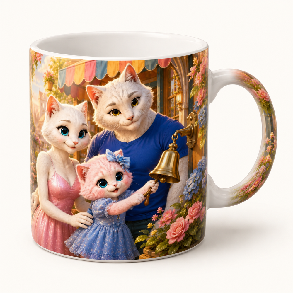 Market Bell Welcome ceramic mug front view with the whole cat family — The Fluffy Fam