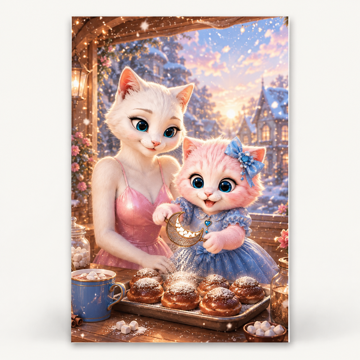 Cocoa Bun Snowfall art print front view with Mom Cat and Pink Kitten — The Fluffy Fam