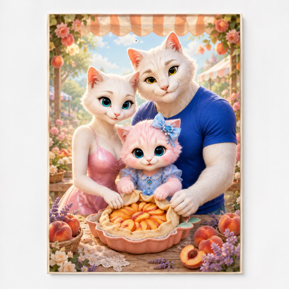 Peach Galette Fold art print front view with the whole cat family — The Fluffy Fam