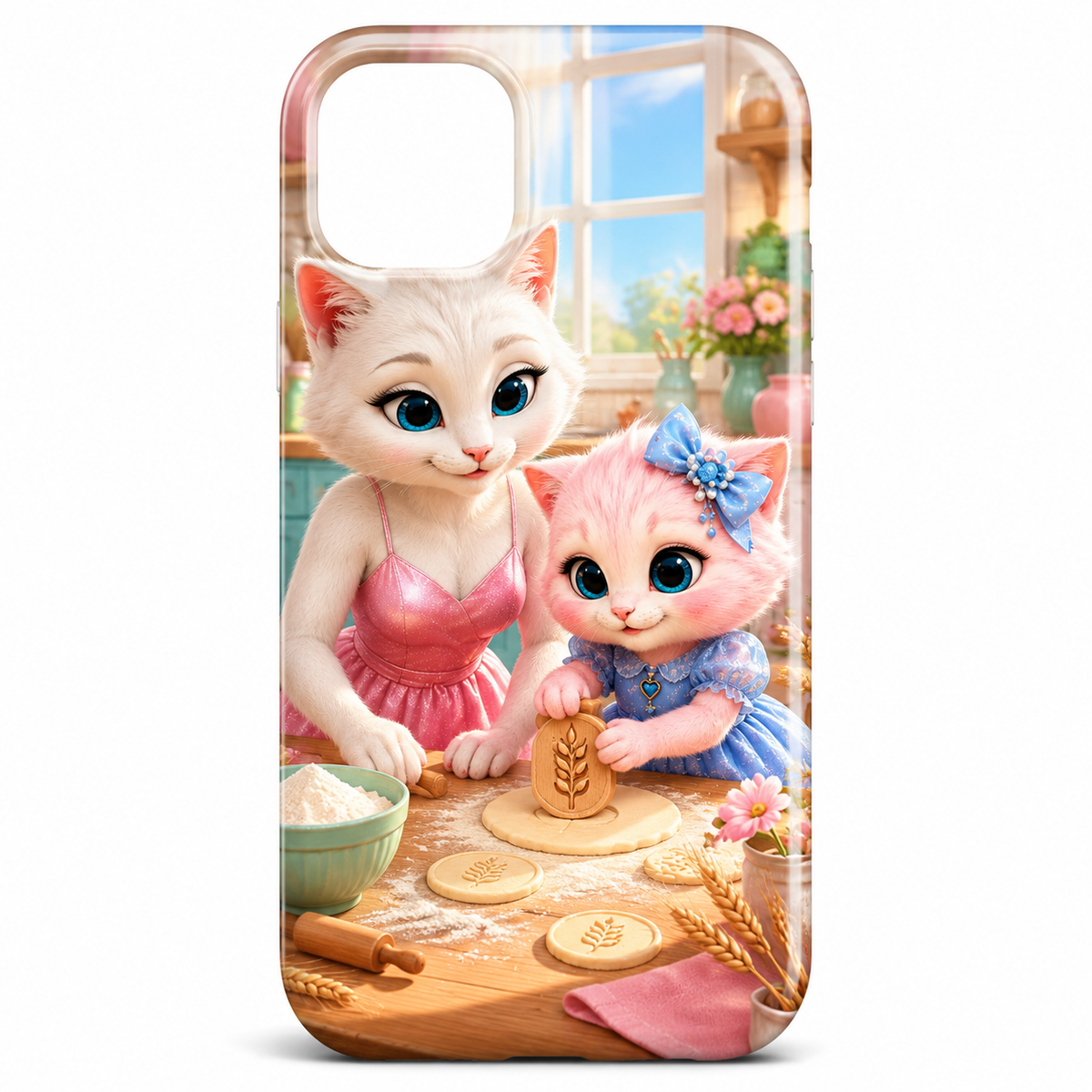 Wheat Pattern Press phone case front view with Mom Cat and Pink Kitten — The Fluffy Fam