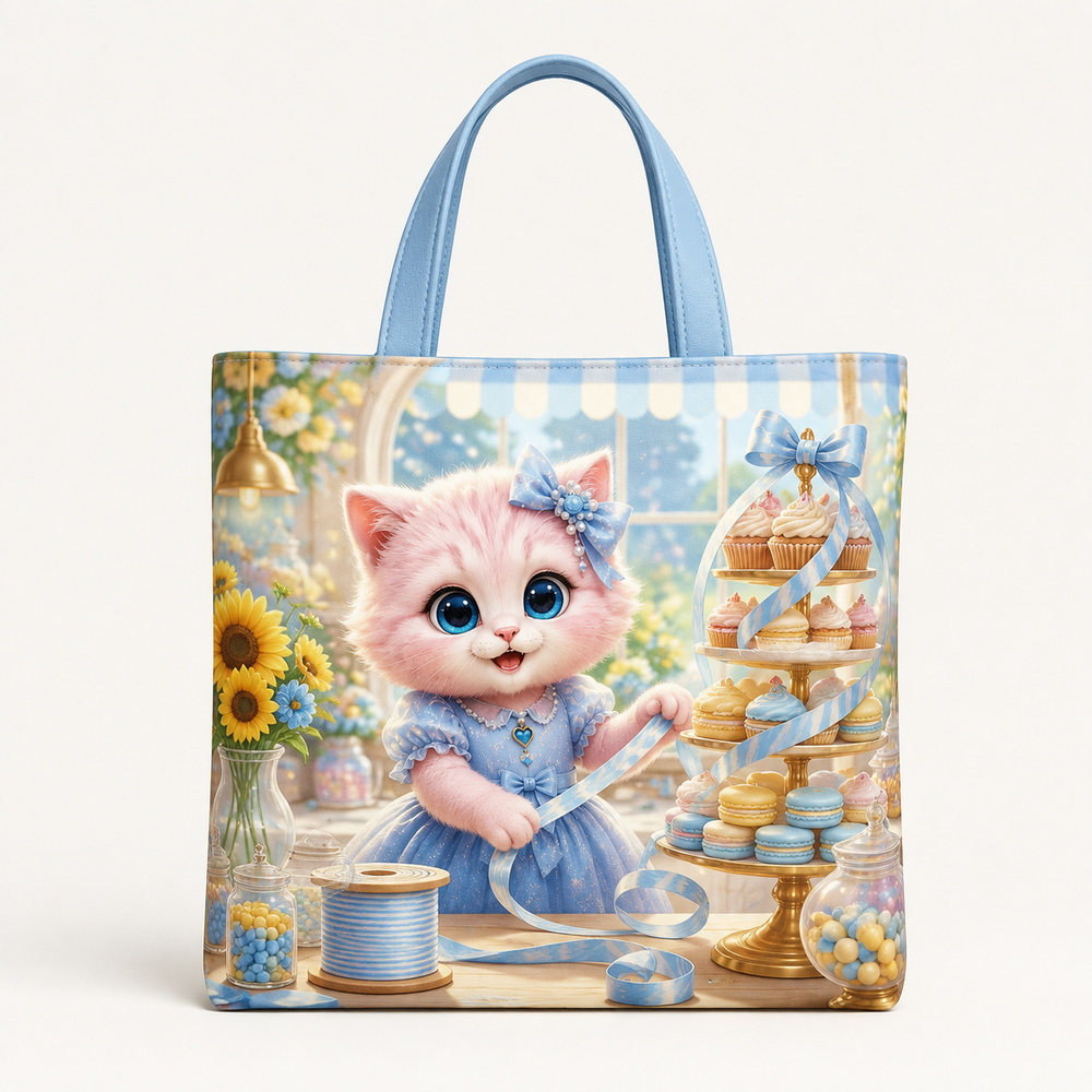 Confection Ribbon Curl canvas tote bag front view with Pink Kitten — The Fluffy Fam