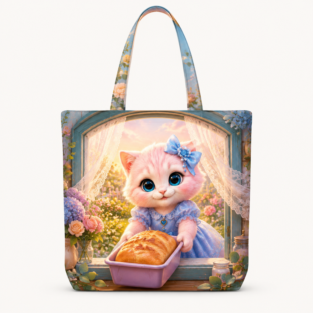 Tea Loaf Window Wave canvas tote bag front view with Pink Kitten — The Fluffy Fam