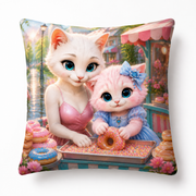 Sprinkle Donut Roll throw pillow front view with Mom Cat and Pink Kitten — The Fluffy Fam